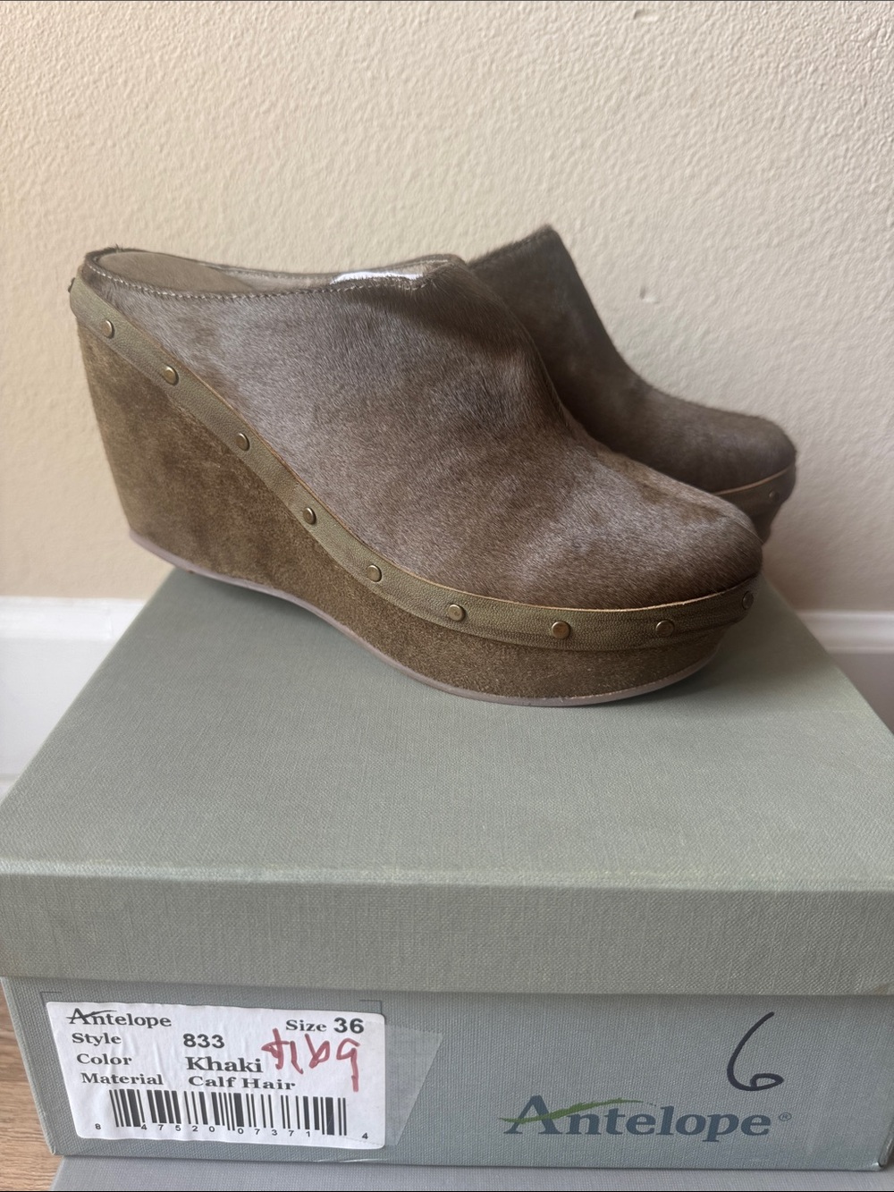 Antelope Khaki Calf-Hair Studded Wedge Mules